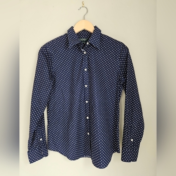 Ralph Lauren blouse dot polka navy size medium - Picture 1 of 6